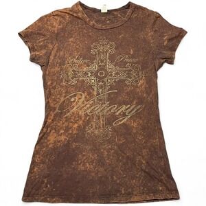 y2k brown acid wash graphic tee with gold cross + "Believe Peace Victory" print
